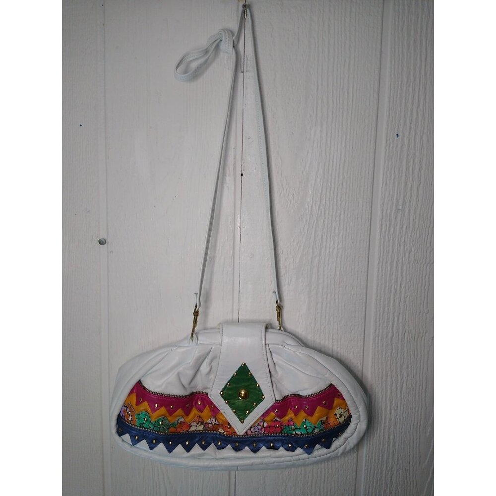 Samir Vtg HandBag White Bright Color Block Zigzag Prints Leather Hinged Purse
